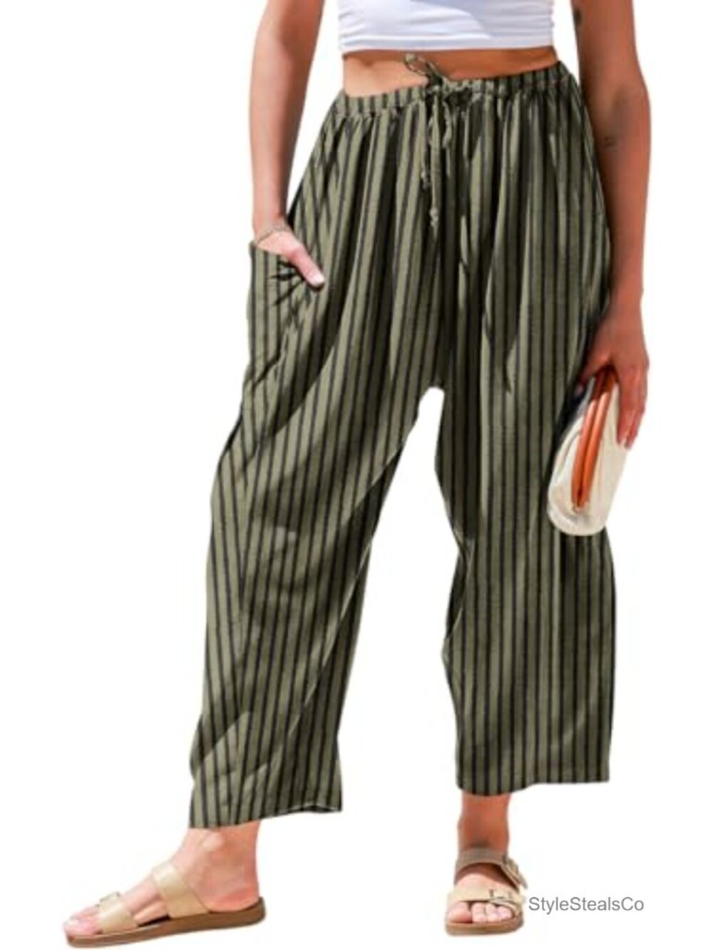 Wide Leg Linen Blend Palazzo Pants with Pockets Drawstring